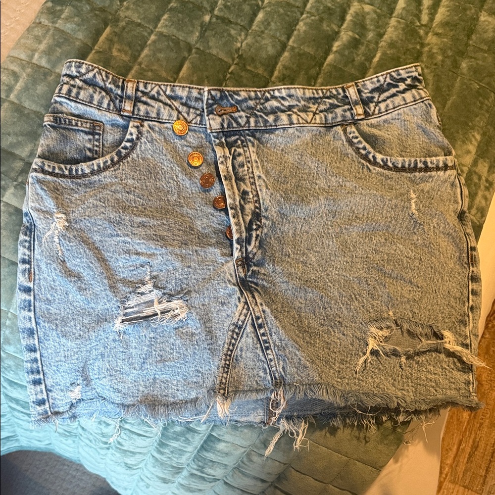 Anthropologie Light Blue Distressed Mini Skirt